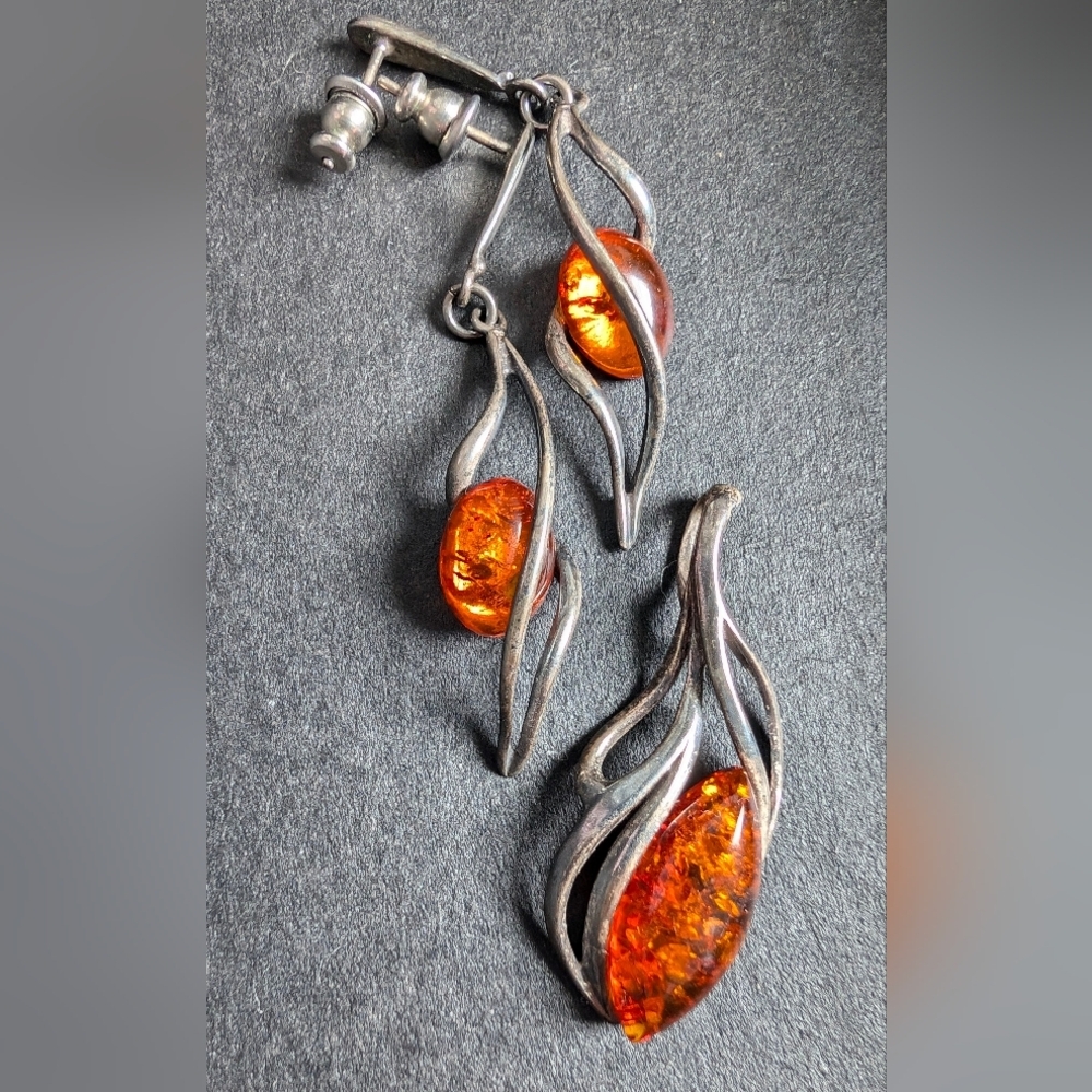 Vintage Baltic Amber Sterling Silver Jewelry Set | Pendant & Earrings